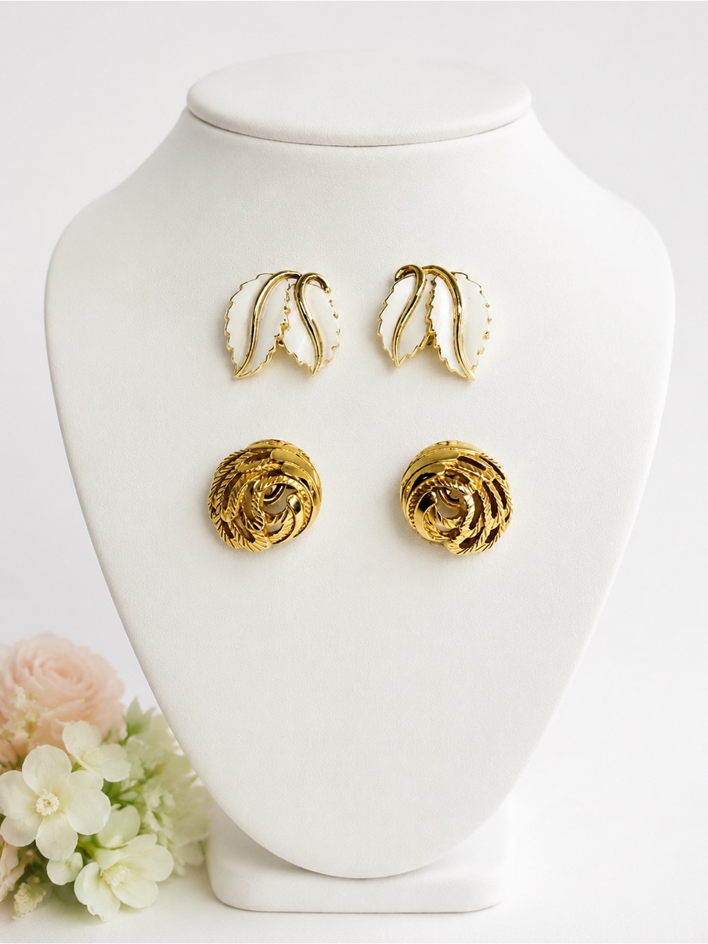 Crown Trifari Clip On Earrings White Enamel & Gold Tone Vintage Estate Jewelry